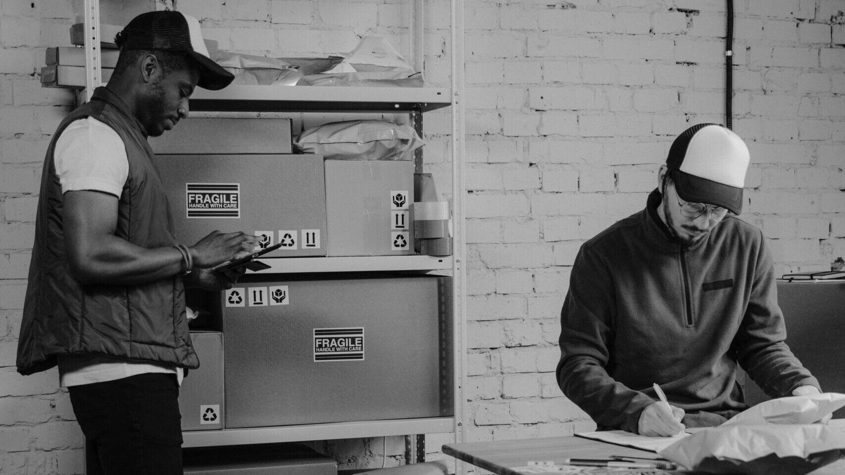pexels-photo-6169637-6169637 Two men working in a warehouse, organizing cardboard boxes for shipment.